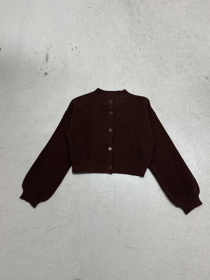 Damen Kurzgeschnittene Rippstrick-Cardigan mit Ballonärmeln und Zierknopfleiste Drune
