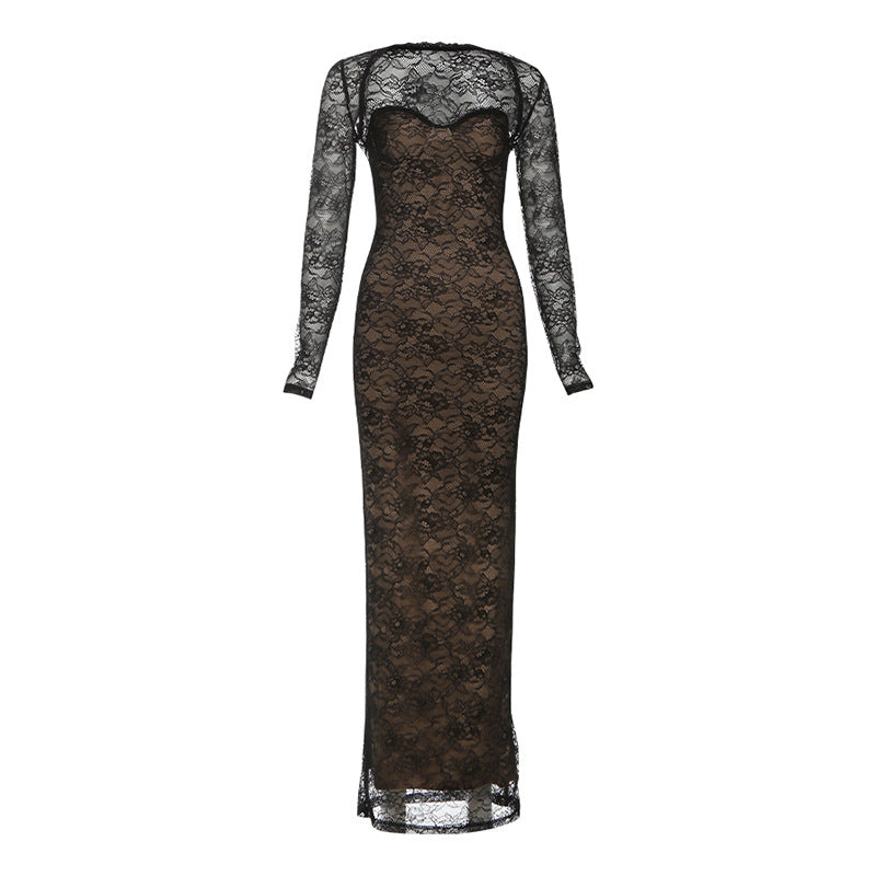 Damen Elegantes langes Spitzenkleid mit herzförmigem Ausschnitt und figurbetonendem Schnitt Drune