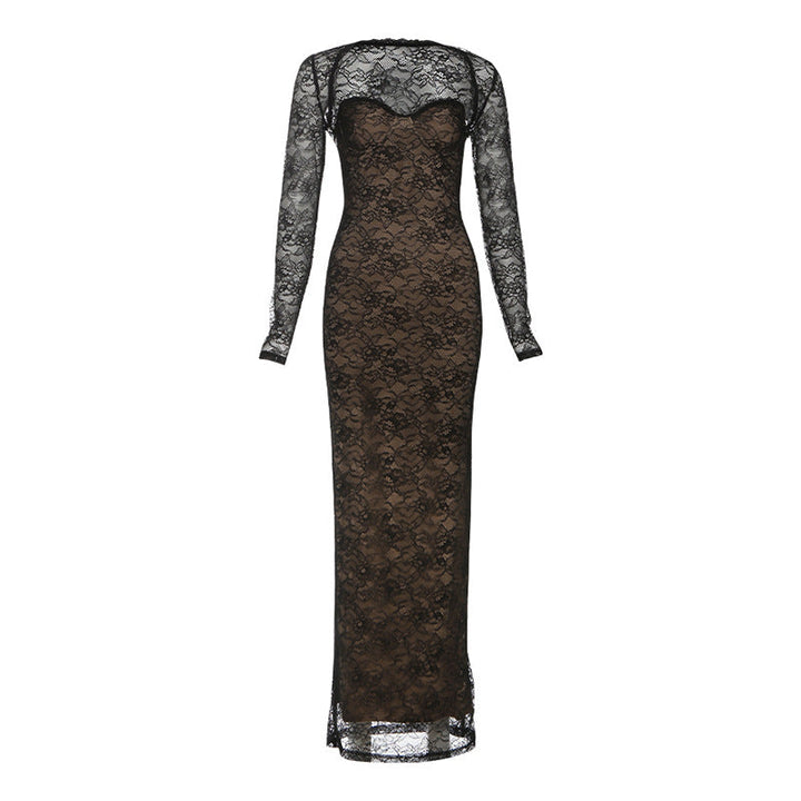 Damen Elegantes langes Spitzenkleid mit herzförmigem Ausschnitt und figurbetonendem Schnitt Drune