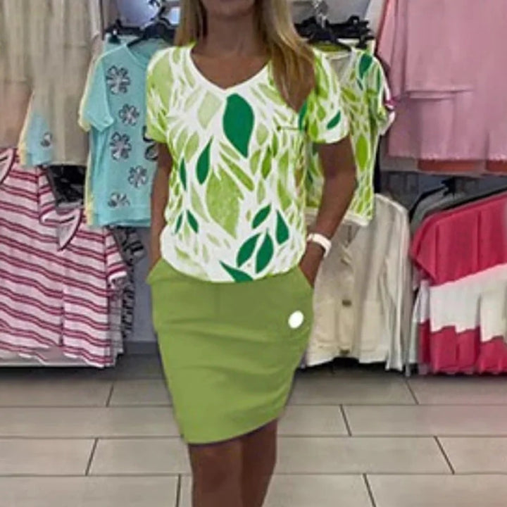 Damen nan lässiger Jersey-Zweiteiler mit bedrucktem V-Ausschnitt-Shirt und knielangem Bleistiftrock mit Eingrifftaschen Drune