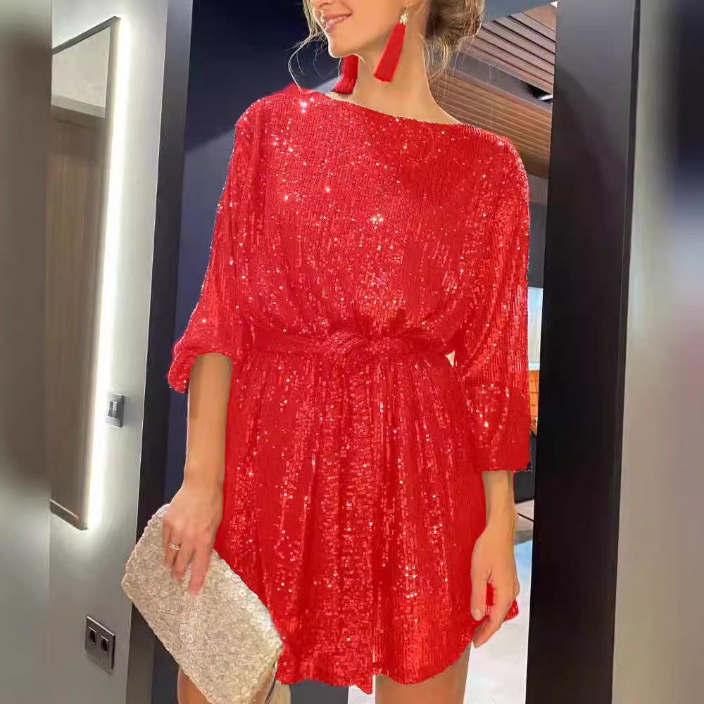 Damen Funkelndes Minikleid mit raffiniertem Faltenwurf und glamorous Ärmeln Drune