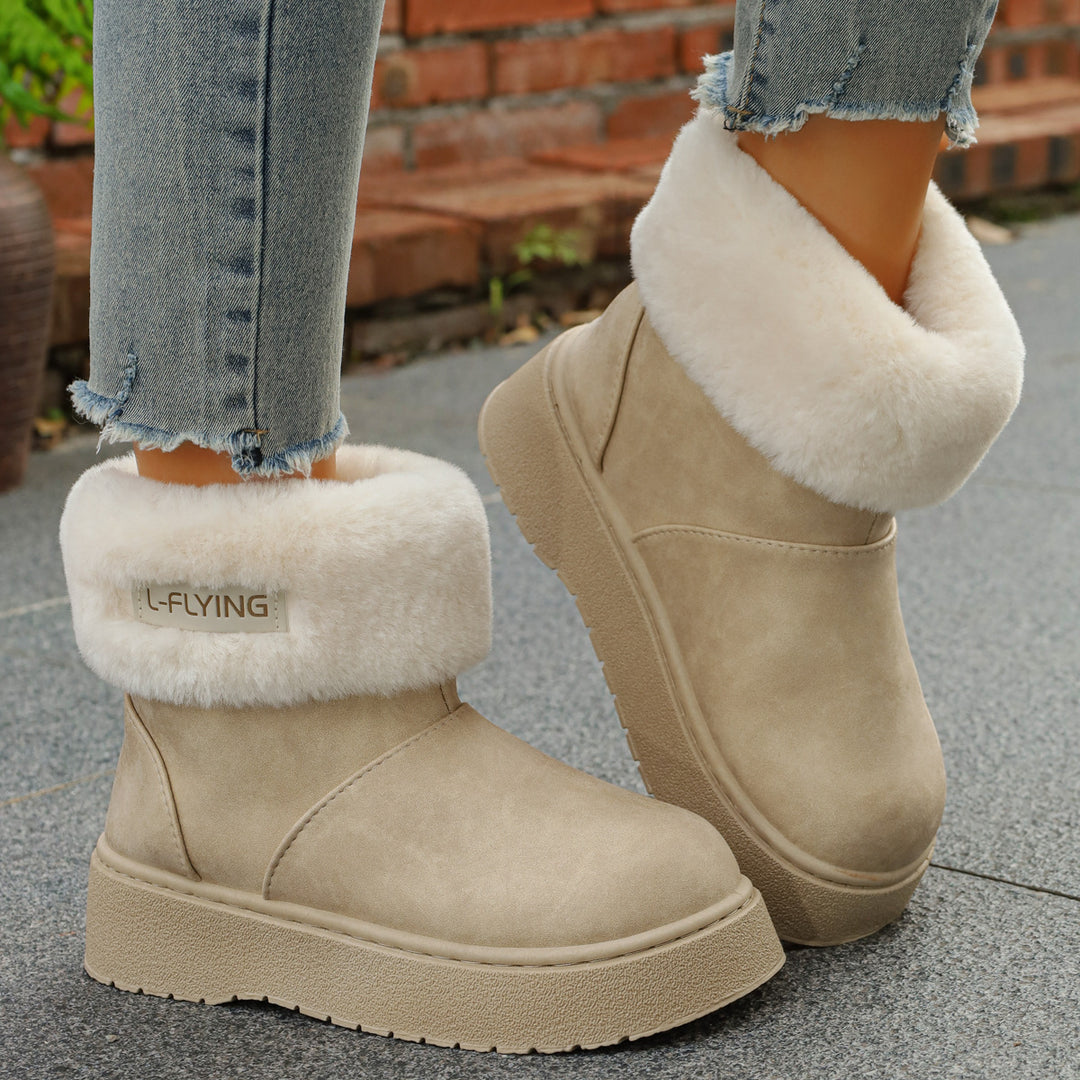 Damen Warme Kurzstiefel mit kuscheligem Fellaufschlag und leichter Plateau-Sohle Drune