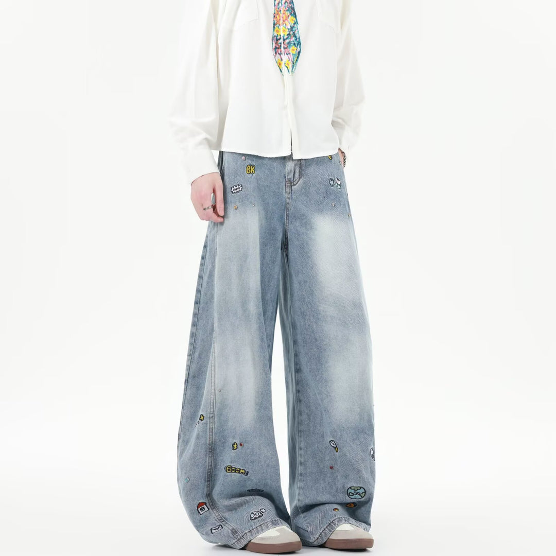 Herren Extraweite Baggy-Jeans mit verspielten Stickereien und weitem Bein Drune
