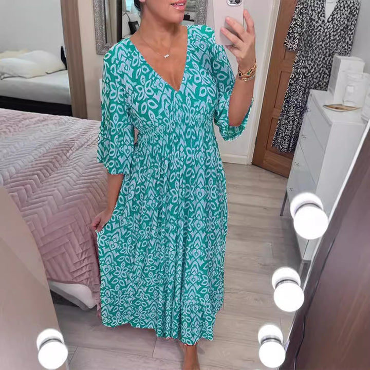 Damen Boho‑Maxikleid mit Smoktaillenband, Wickeloptik‑Dekolleté und Volantärmeln Drune