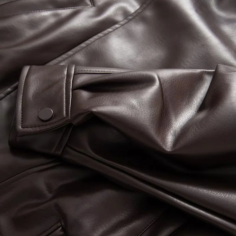 Damen nan oversized Kunstlederblouson mit großem Schalkragen, Pattentaschen und elastischem Bund Drune
