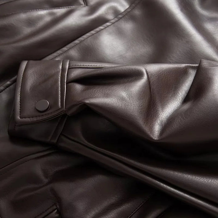 Damen nan oversized Kunstlederblouson mit großem Schalkragen, Pattentaschen und elastischem Bund Drune