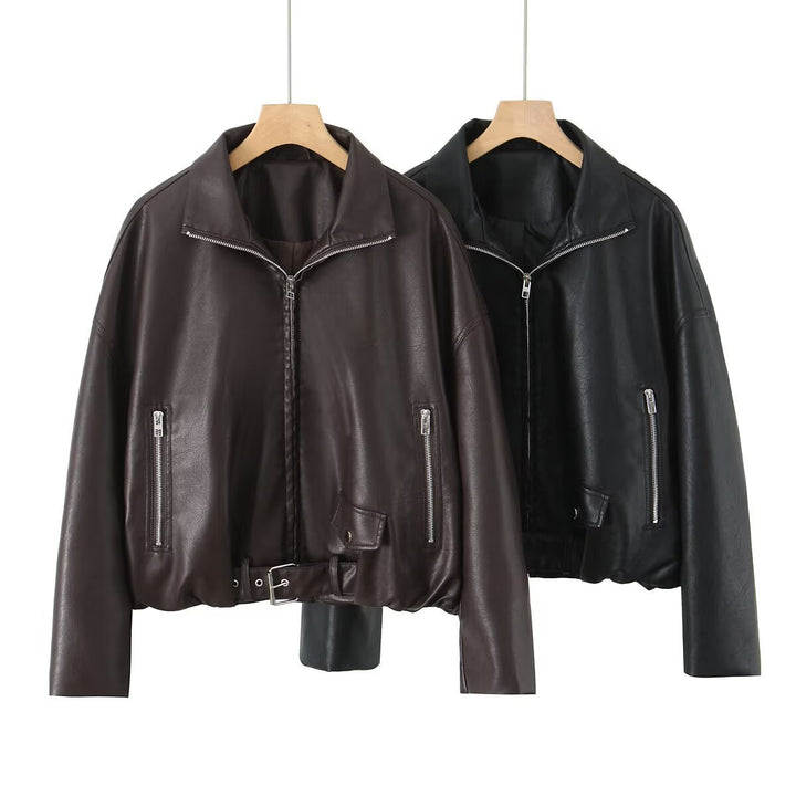 Damen Kunstlederjacke mit hohem Kragen und einzigartigem Design Drune