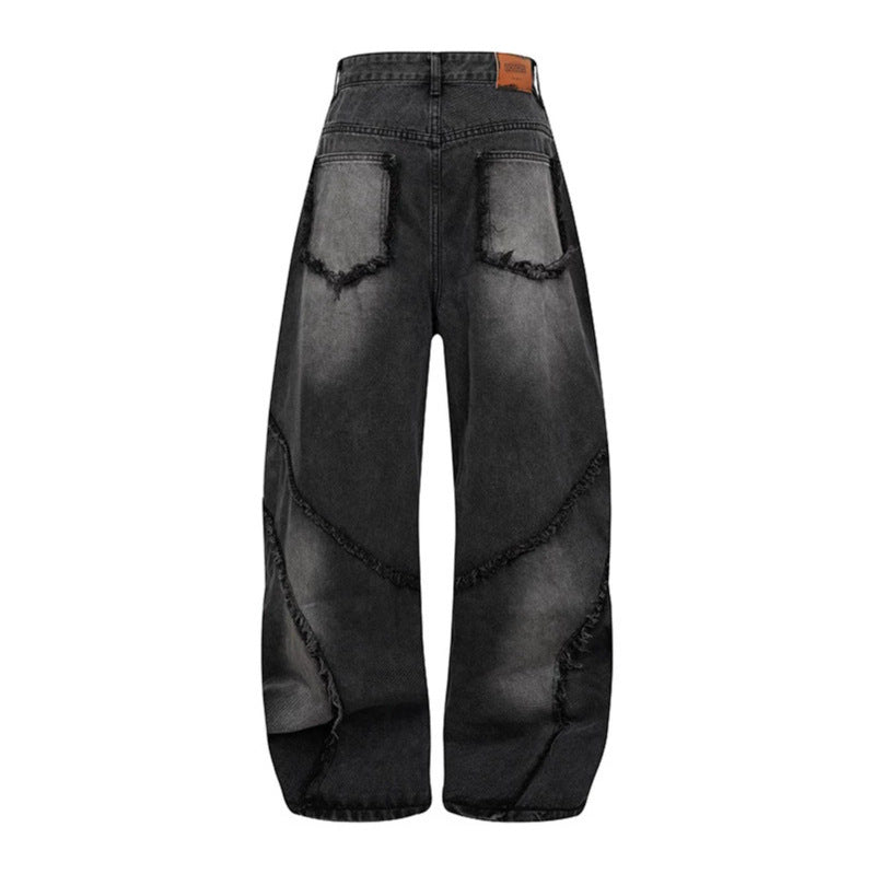 Damen Baggy-Jeans mit hohem Bund, ballonförmiger Weite und ausgefransten Patchnähten Drune