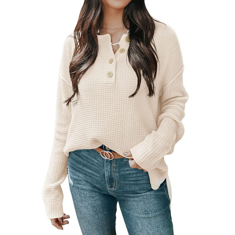 Damen nan lockerer Waffelstruktur Henley Pullover mit Knopfleiste und überschnittener Schulter Drune