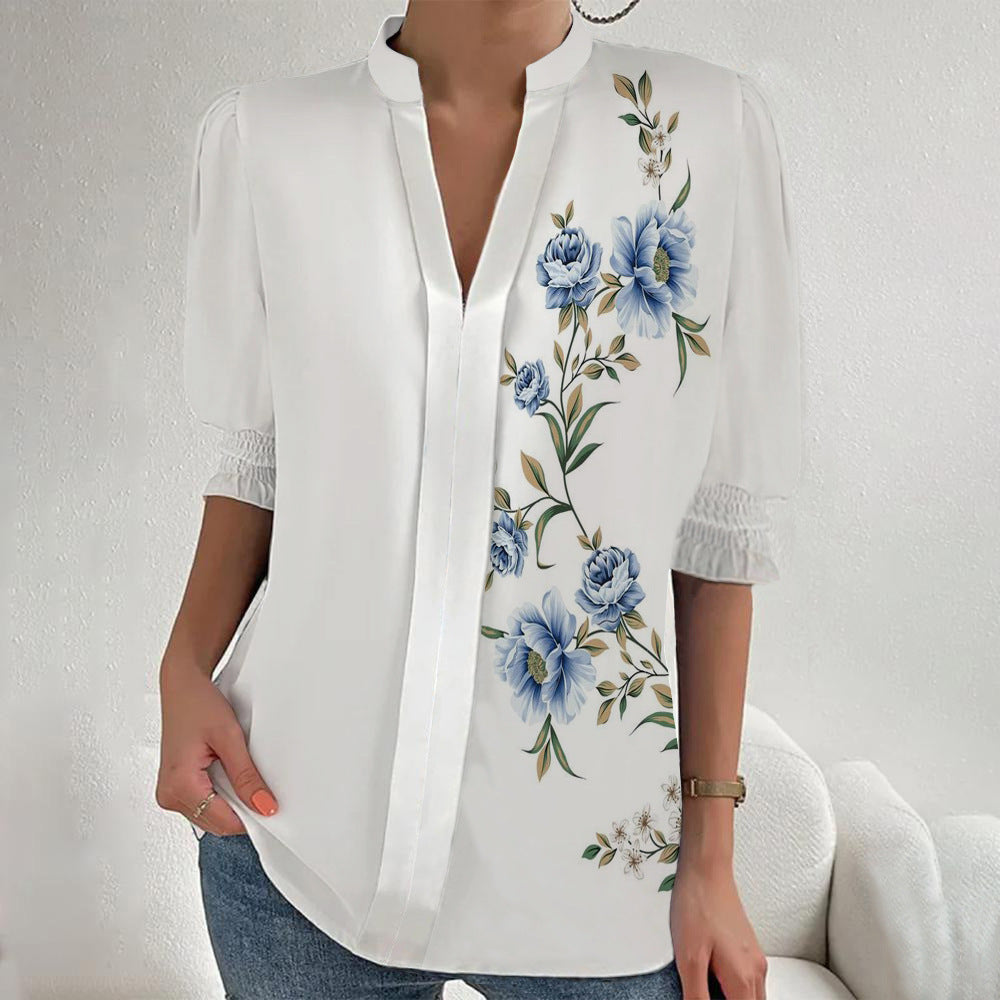 Damen Blumenprint Tunika-Bluse mit Stehkragen, geschlitzter V‑Blende und gerafften 3/4-Ärmeln Drune