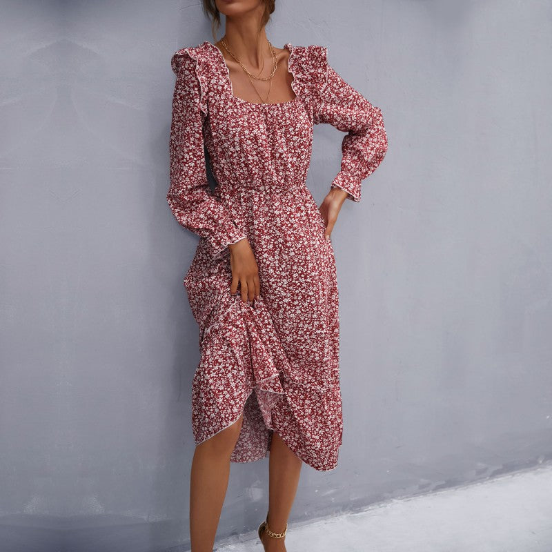 Damen Romantisches Midikleid mit quadratischem Ausschnitt, geraffter Taillenpassform und Stufenvolant Drune