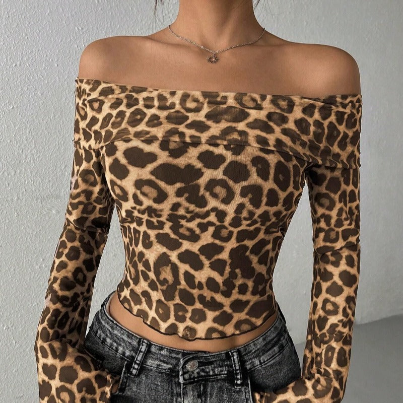 Damen Off-Shoulder Top mit lässigen Glockenärmel und animalischem Muster Drune