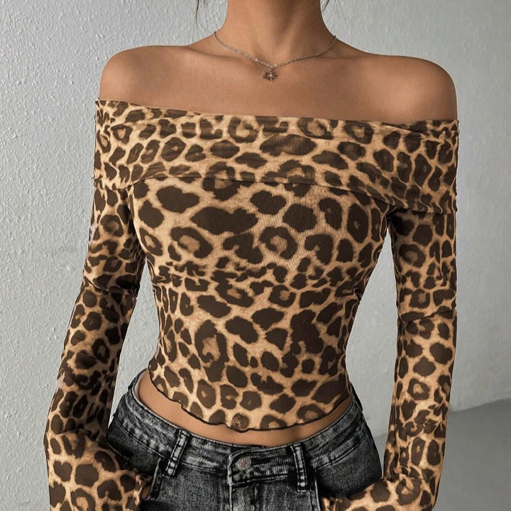 Damen Off-Shoulder Top mit lässigen Glockenärmel und animalischem Muster Drune