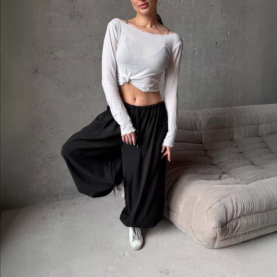 Damen weite Harem-Ballonhose mit hohem Elastikbund, Tunnelzug und lässiger Weite Drune