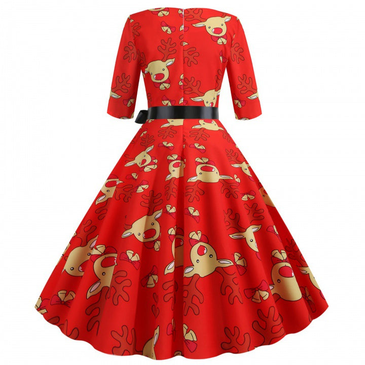 Damen Swingkleid mit fröhlichem Rentierdesign und taillierter Silhouette Drune