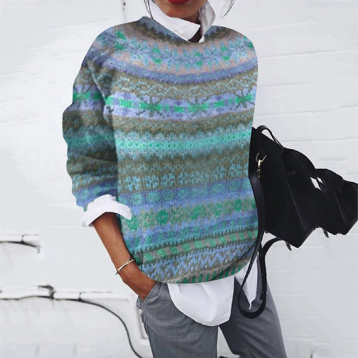Damen lockerer Fair Isle Strickpullover mit Rundhalsausschnitt