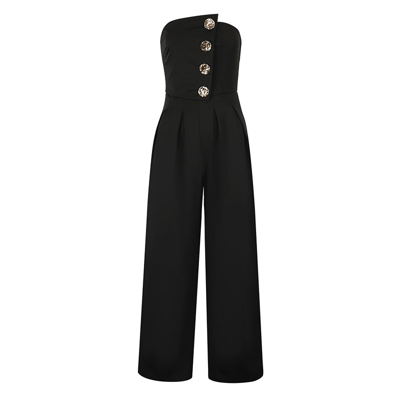 Damen Elegantes Jumpsuit mit asymmetrischem Ausschnitt und dekorativen Knöpfen Drune