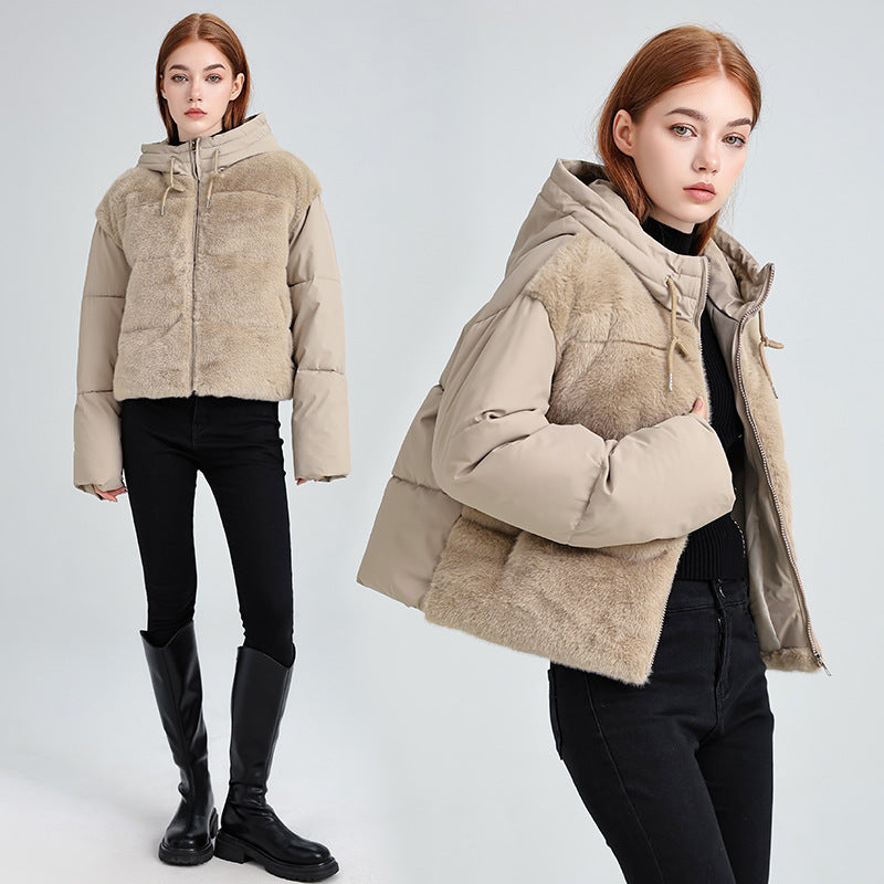 Damen Kurze Hybrid-Winterjacke mit samtiger Kunstfellfront und Kapuzenkragen Drune