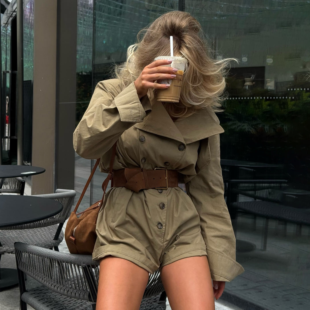 Damen Eleganter Trench-Coat mit Gürtel und knielangem Schnitt Drune