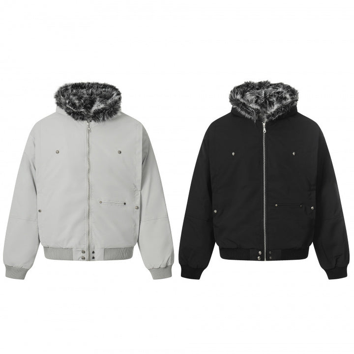 Unisex Kurze Boxy-Bomberjacke mit Kunstfellkapuze, winddichter Shell und thermischer Isolierung Drune