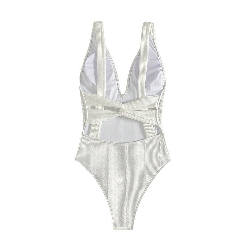 Damen Einteiliger Badeanzug mit tiefem V-Ausschnitt und strukturiertem Design Drune