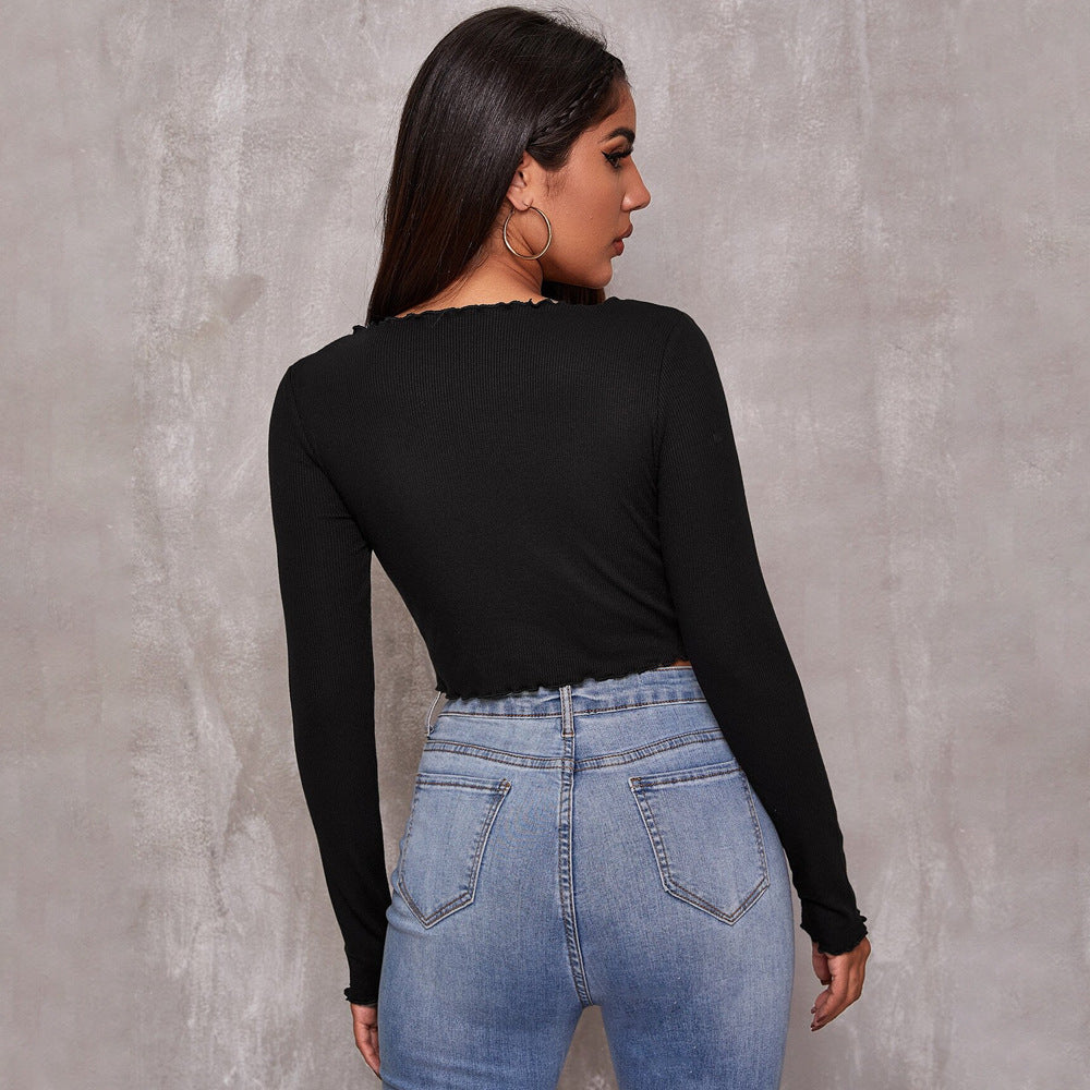 Damen geripptes Cropped-Longsleeve mit Tunnelzugvorderseite, Bindekordeln und gewelltem Saum Drune