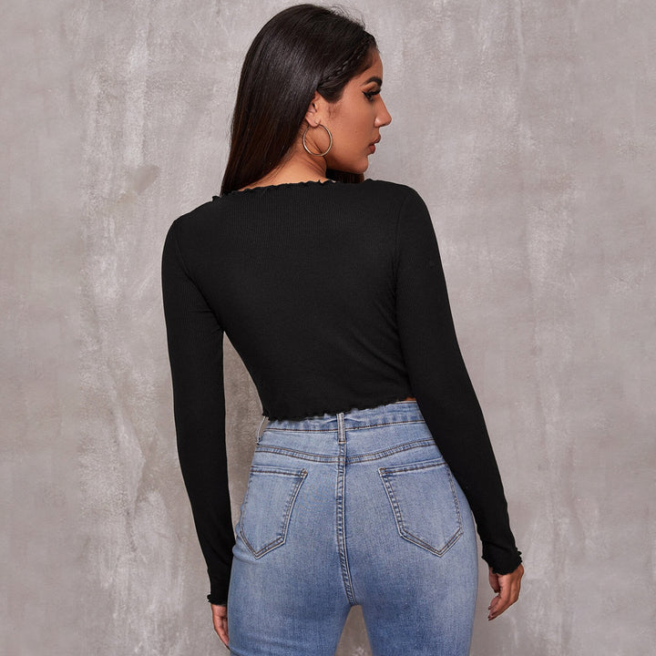 Damen geripptes Cropped-Longsleeve mit Tunnelzugvorderseite, Bindekordeln und gewelltem Saum Drune