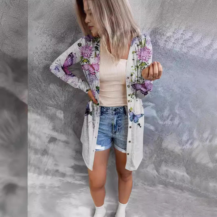 Damen längerer Blusenjacke mit floralem Muster Drune