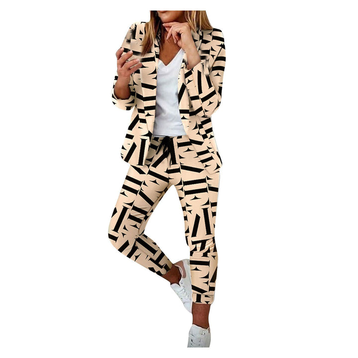 Zweiteiliges Set für Damen: Hosenanzug mit Muster, bestehend aus einem langärmeligen Blazer (offene Front, taillierter Schnitt) und einer unifarbenen langen Hose – ideal fürs Büro – DRUNE