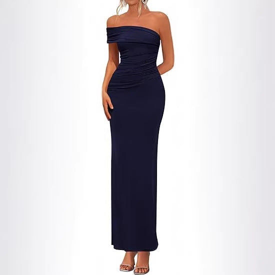 Damen Elegantes Maxi-Kleid mit schulterfreiem Design und raffinierten Drapierungen Drune
