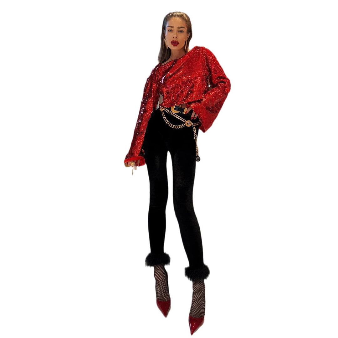 Damen Elegante Samtleggings mit auffälligen Kunstpelzdetails Drune