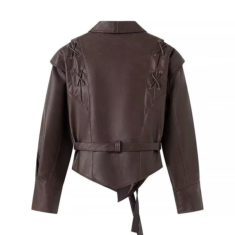 Damen elegante Kunstlederjacke mit taillierbarem Gürtel und dekorativen Schnürdetails Drune