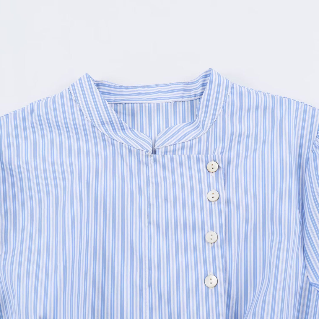 Damen Kurzärmelige gestreifte Blusenjacke mit Stehkragen und asymmetrischer Knopfleiste Drune