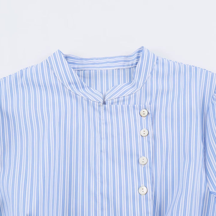 Damen Kurzärmelige gestreifte Blusenjacke mit Stehkragen und asymmetrischer Knopfleiste Drune