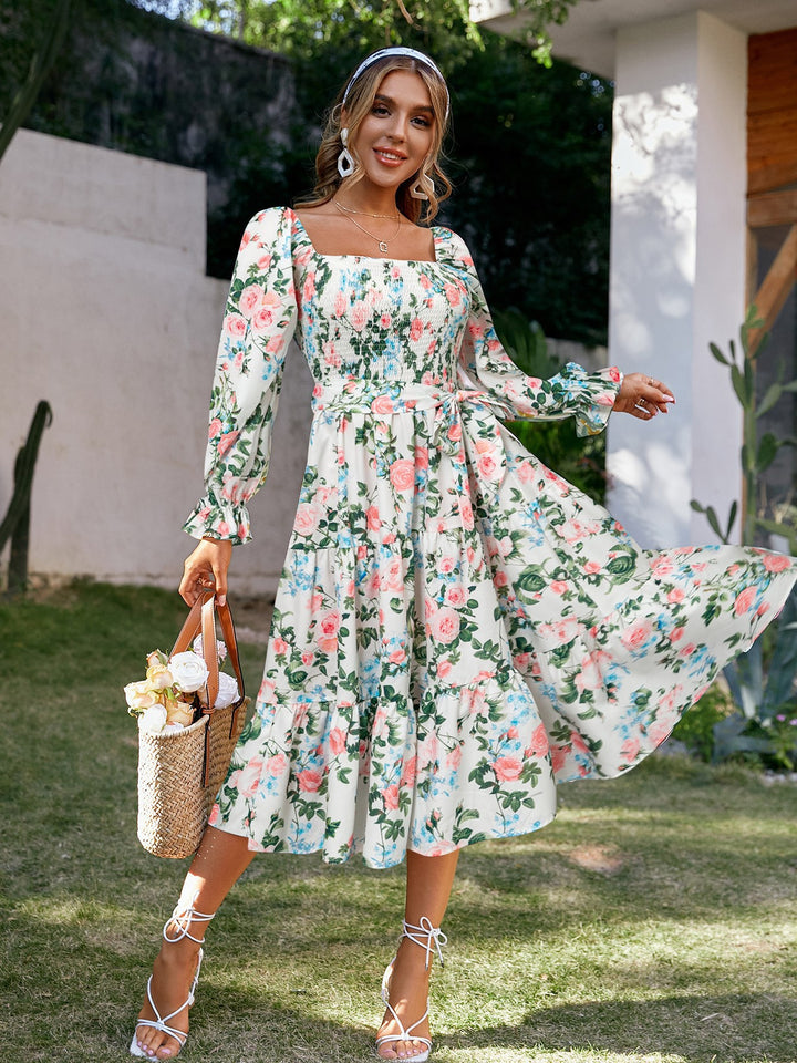 Damen Off-Shoulder Maxikleid mit floralem Print und Rüschendetails Drune