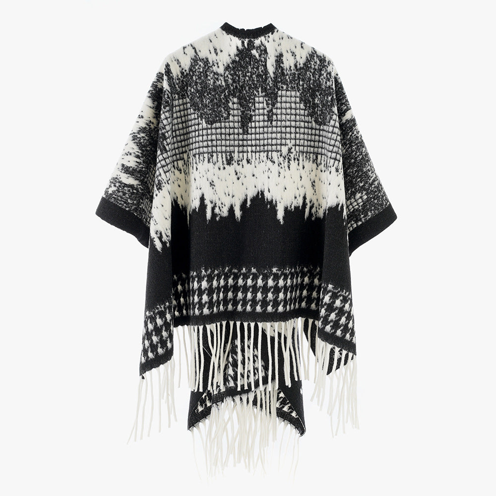 Damen Monochromer Jacquard-Capeponcho aus Wollmix mit Fransen und Oversize-Fall Drune