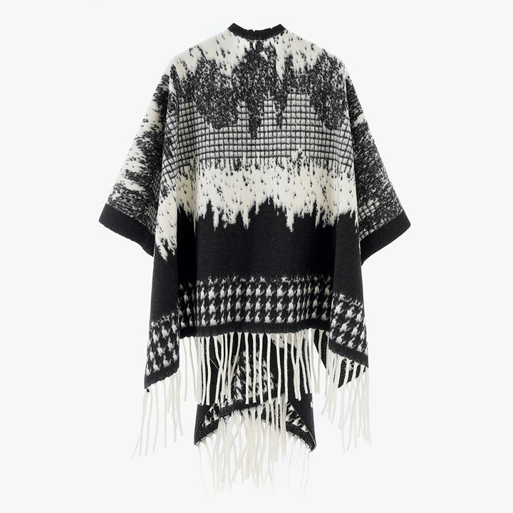 Damen Monochromer Jacquard-Capeponcho aus Wollmix mit Fransen und Oversize-Fall Drune