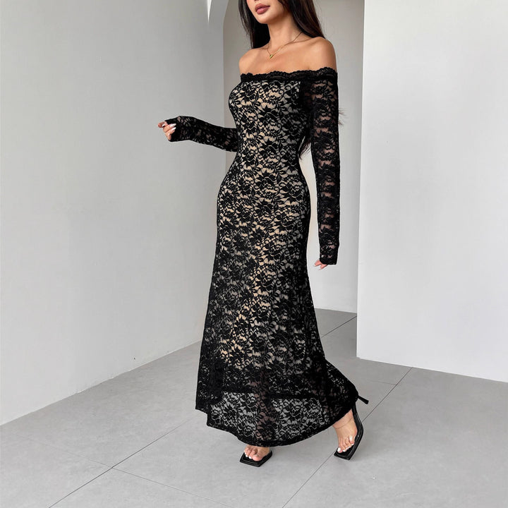 Damen nan schulterfreies Spitzenmidikleid mit feiner floraler Spitze, gefütterter Innenlage und tailliertem Schnitt Drune