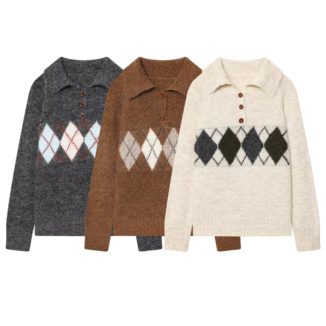 Damen Grobgestrickter Pullover mit Polokragen, 3‑Knopf‑Leiste und Argyle‑Dekor Drune