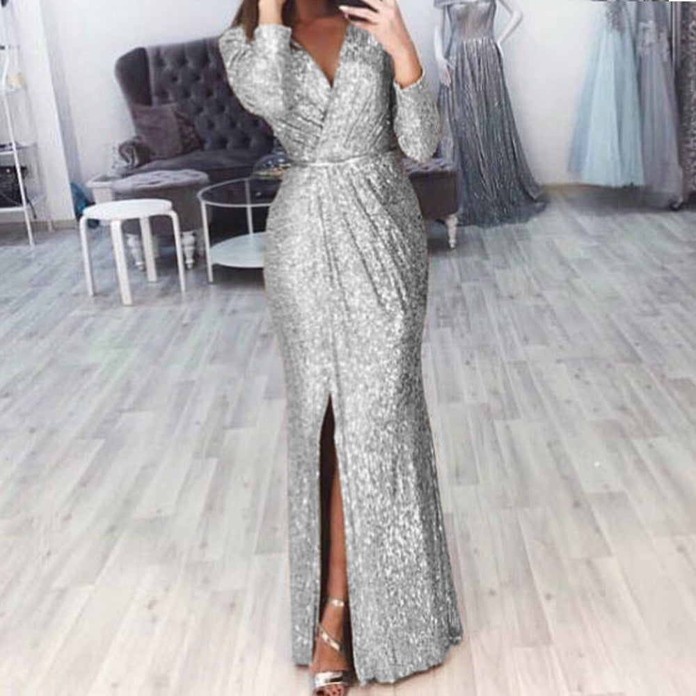 Damen Abendkleid mit Wickelfront, langem Beinschlitz und taillierter Meerjungfrauen‑Silhouette Drune