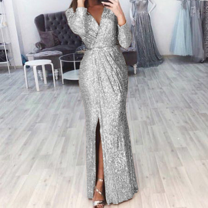 Damen Abendkleid mit Wickelfront, langem Beinschlitz und taillierter Meerjungfrauen‑Silhouette Drune