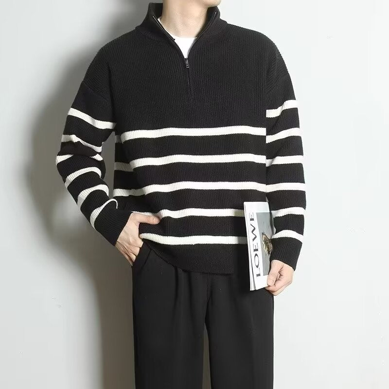Herren Grobstrickpullover mit Zipper und Streifen Drune