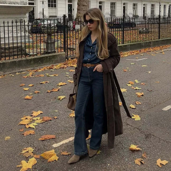 Damen Langschnitt Wildleder-Trenchcoat mit Oversize-Kragen und Bindegürtel Drune