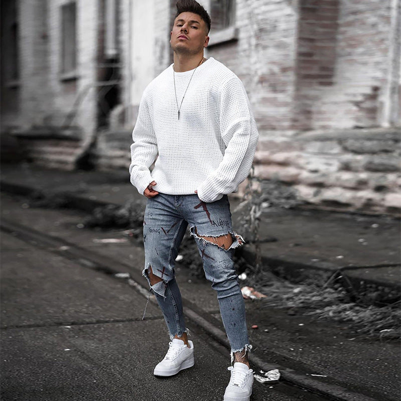 Herren Atmungsaktiver Waffelstrick-Pullover Slim-Fit mit Rippenbündchen Drune