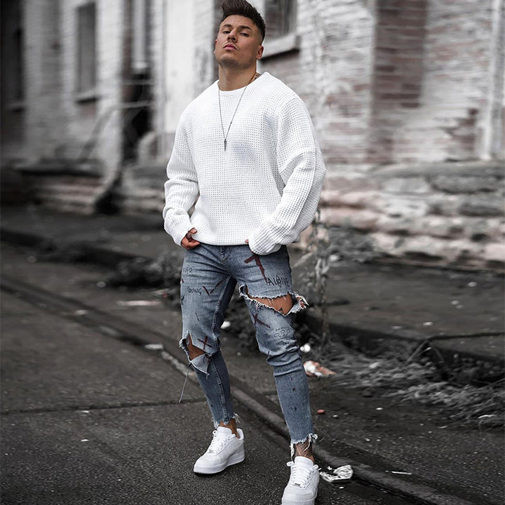 Herren Atmungsaktiver Waffelstrick-Pullover Slim-Fit mit Rippenbündchen Drune