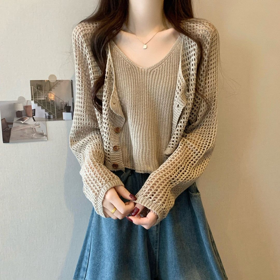 Damen lässige Strickjacke mit Netzmuster und Knopfverschluss Drune