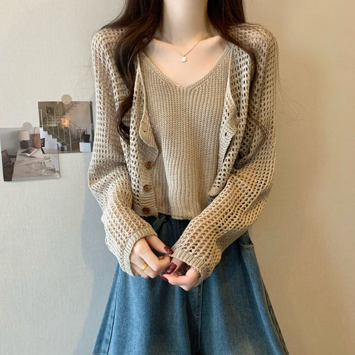 Damen lässige Strickjacke mit Netzmuster und Knopfverschluss Drune