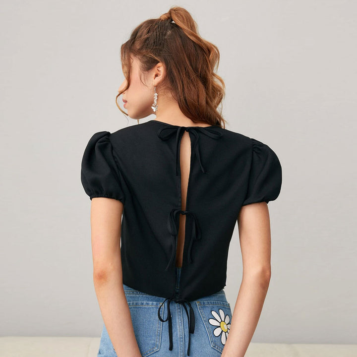 Damen Cropped Top mit Puffärmeln und sanftem Rundhalsausschnitt Drune
