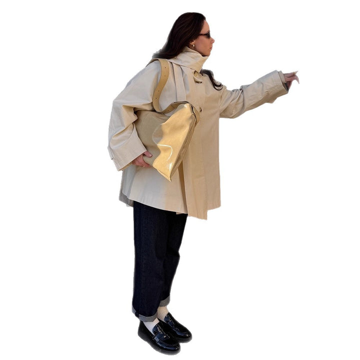 Damen Kurzer Oversize-Trench mit hohem Stehkragen, verdeckter Knopfleiste & weiten Manschetten Drune