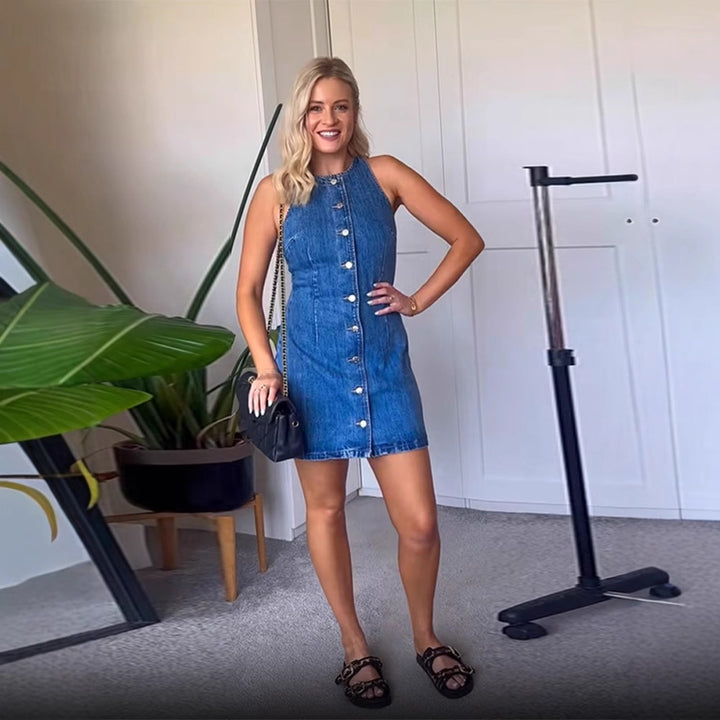 Damen Figurbetontes Ärmelloses Denim-Minikleid mit Mittelknopfleiste Drune
